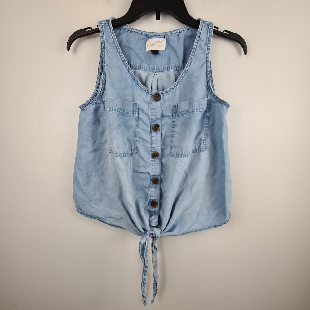 Universal Thread Light Wash Blue Lyocell Tie Front Button Down Tank Top Small